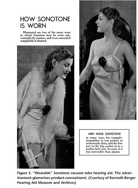 可佩戴的Sonotone真空管助听器广告海报;其广告美化了产品的隐匿性。(由肯尼斯·伯格助听器博物馆和档案提供)